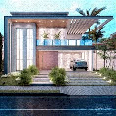 a car is parked in front of a modern house