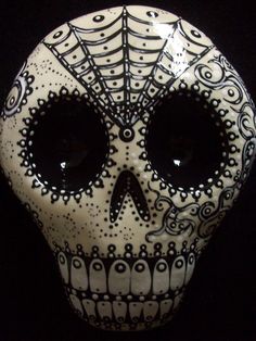 a white skull with black eyes on a black background