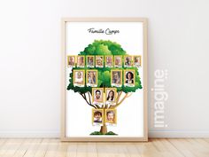 a family tree with pictures on it in front of a white wall and wooden floor