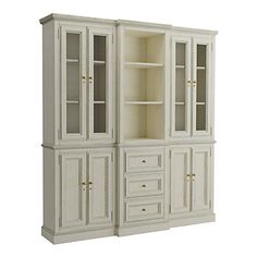 an image of a white cabinet with drawers on it's sides and doors open