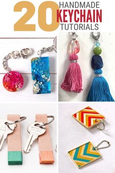 20 handmade keychains with tassels on them and the text overlay reads, 20 handmade keychain materials