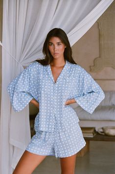 Peta Sleep Set - Rattan - Cornflower Blue – Piyama USD Oversized Button Closure Top For Loungewear, Oversized Loungewear Tops With Button Closure, Relaxed Blue Tops With Pockets, Oversized Blouse For Loungewear With Button Closure, Oversized Loungewear Blouse With Button Closure, Blue Collared Relaxed Fit Sleepwear, Relaxed Blue Blouse For Spring, Relaxed Collared Blouse For Daywear, Button-up Loungewear Tops With Pockets