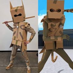 two cardboard costumes made to look like superheros