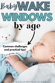 a baby laying on top of a bed next to a stuffed animal and text that reads, baby wake windows by age common challenges and practical tips