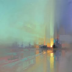 an abstract painting with buildings and water in the background