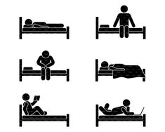 black and white silhouettes of people in different stages of bedtime, including a man reading