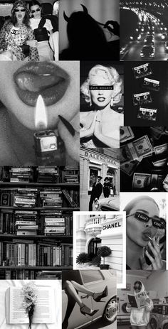 black and white collage with images of women, books, candles, and magazines