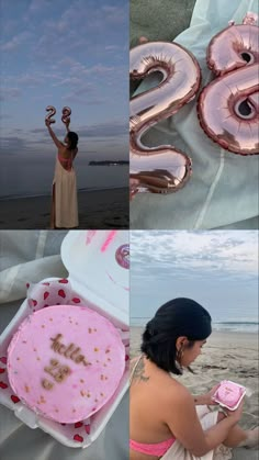 a collage of photos with the number twenty six and two women holding pink frosted cakes