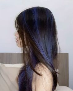 Navy Blue Hair On Brown Hair, Hair Dye With Black Hair, Brown Hair Dark Blue Highlights, Light Blue Hair Highlights Brunettes, Blue Hair With Raccoon Tail, Dark Blue Hair With Highlights, Brown Hair With Dark Blue Highlights, Navy Blue Highlights In Brown Hair, Blue Highlights In Dark Brown Hair