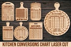 the kitchen conversations chart laser cut is shown on a wooden background with text that reads, kitchen conversations chart laser cut