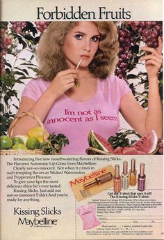 an advertisement for fruit with a woman eating watermelon and holding a toothbrush