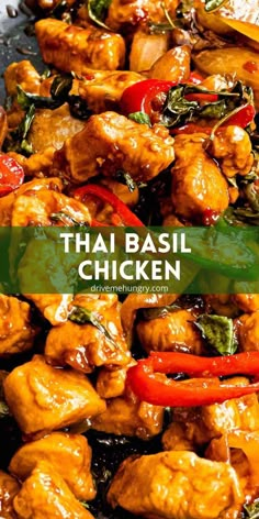 thai basil chicken with red peppers and green peppers on the side, in a skillet