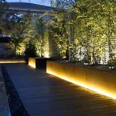 an outdoor area with lights and plants on the wall, along with a wooden deck