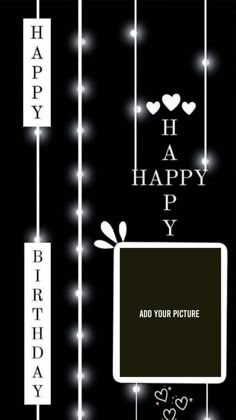 a black and white happy birthday card with hearts hanging from the strings, on a dark background