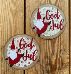 two coasters with red and white designs on them that say, god will be