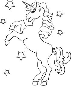 a unicorn with stars on it's head and tail, outlined in black ink