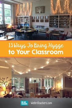 the inside of a classroom with lots of tables and chairs