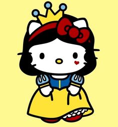 the hello kitty character is wearing a yellow dress with a red bow on her head