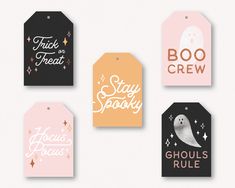 six halloween tags with the words boo crew, stay spooky and ghost rules