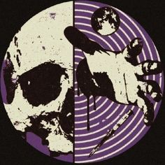 two circular images with the same image in purple and white, one has a skull on it