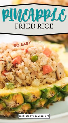 pineapple fried rice on a plate with text overlay