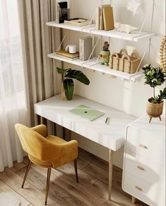 a white desk and chair in a room