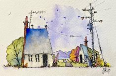 a watercolor painting of a house with power lines in the background