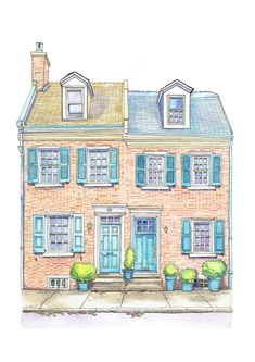 a watercolor drawing of a brick house with blue shutters and potted plants