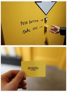 two photos one is yellow and the other has black writing on it that says push button take one