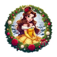 disney princess sitting in front of a wreath with christmas decorations around her and red roses