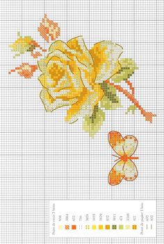 a cross stitch pattern with yellow flowers and butterflies on the bottom half of each piece