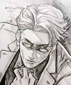 a drawing of an anime character with glasses and a suit on, holding his hand to his chin