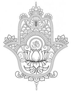 a hamsa with an intricate design on the front and back side, in black and white