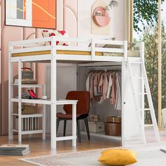 a white loft bed with stairs and desk in the corner, next to a window