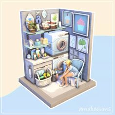 a woman is sitting on a chair in front of a small room with pictures and appliances