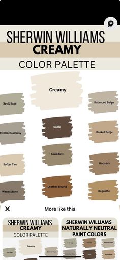 sherylin williams's creamy color palette is shown in shades of brown, beige