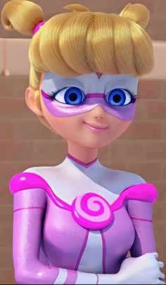 a cartoon character with blonde hair and blue eyes, wearing a pink outfit while standing in front of a brick wall