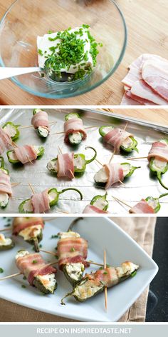 the process of making appetizers with bacon, cheese and green peppers on skewers