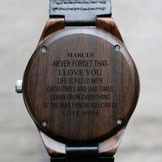 Personalize with one line of text above the message and one line of text belowEngraved on the back of the watch caseCase crafted of black sandalwoodQuartz movementIncludes adjustable 1" W leather adjustable wristbandWristband adjusts from 5" to 10"Watch face measures 1.75" in diameterImported  Let your son know how proud you are of him with our To My Son Engraved Sandalwood Watch. This watch makes a sentimental gift for a special occasion, perfect for a birthday or graduation Box For Gift, To My Son, Love Mom, Sentimental Gifts, Love Your Life, Watch Faces, Watch Case, My Son, Quartz Movement