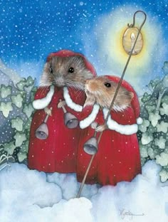 a painting of two mice sitting on top of each other in the snow, one holding a stick