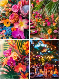 colorful flowers and candles are arranged on the table for an outdoor wedding reception at night