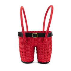 a red basket with two handles and a black belt around the bottom, on a white background