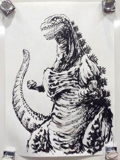 a black and white drawing of a godzilla holding a large lizard's head in his right hand