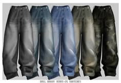 five pairs of jeans with different colors and sizes, all lined up in a row