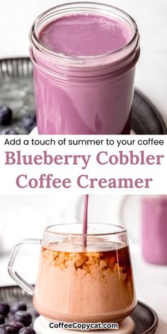 blueberry cobbler coffee creamer with text overlay reading add a touch of summer to your coffee