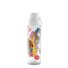 a water bottle with flowers and leaves on the lid is shown against a white background