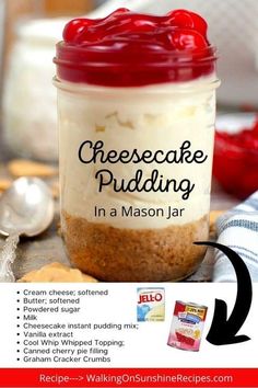 Easy Dessert Recipe with cheesecake, cherry pie filling, all in a mason jar. Cool Whip Cheesecake Pudding, Cool Whip Cheesecake, Mason Jar Recipe, No Bake Cheesecake Filling, Crumb Recipe, Jar Desserts, Mason Jar Desserts, Canning Cherry Pie Filling, Cheesecake Pudding