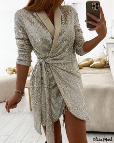 Olivia Mark - Sequin Embellished Wrap Dress with Tied Detail Wrap Shorts, 2024 Spring Summer, Women's Evening Dresses, Hip Dress, Dress With Tie, Long Sleeve Romper, Long Sleeve Mini, Short Skirt, Long Sleeve Mini Dress