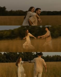 two people are dancing in a field at sunset