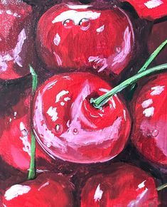 a painting of red cherries with green stems on the top and bottom, painted in acrylic paint